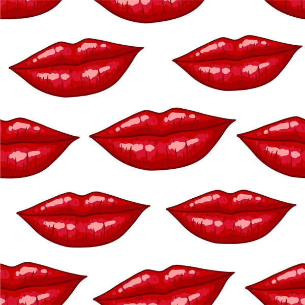 ポップアートのスタイルで白の背景にシームレスなパターンを唇 セクシーな女性は赤いキス メイク ベクターイラスト — ストックベクタ