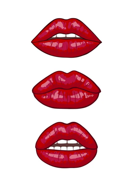 Lips Poster Red Womans Kiss Set Hot Sexy Kissed Beautiful — Stock Vector