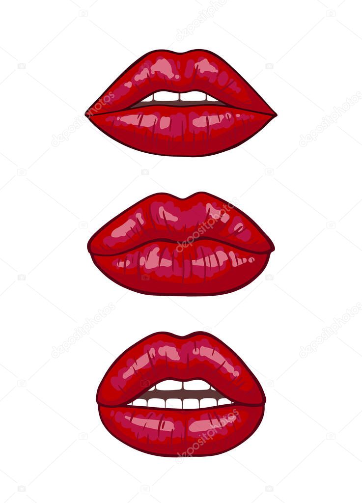 Lips poster. Red womans kiss set. Hot sexy kissed. Beautiful mouth sticker isolated on white. Vector illustration in retro pop art or comics style.