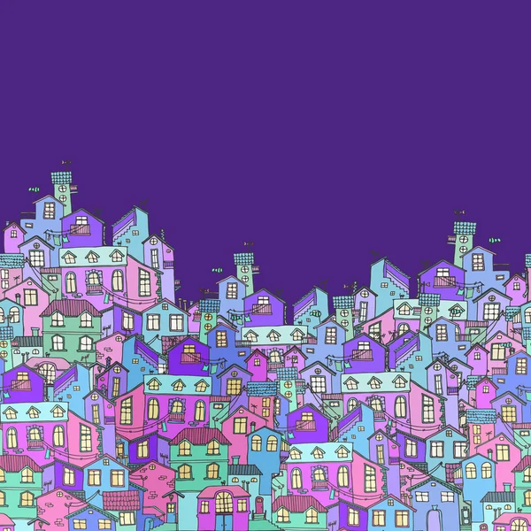 Fondo dibujado a mano con coloridas casas de garabatos . — Vector de stock