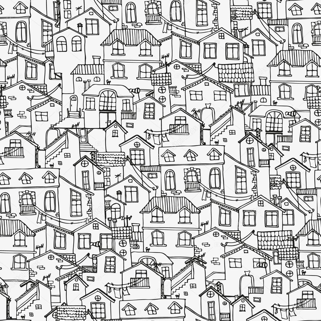 Hand drawn background with doodle houses.