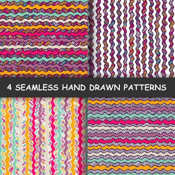 Conjunto de cuatro coloridos patrones de rayas gráficas dibujadas a mano sin costura . — Vector de stock