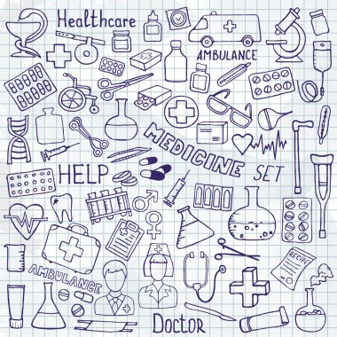 Sağlık ve tıp Icon set. Vektör doodle çizimler.