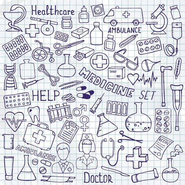 Conjunto de iconos de atención médica y medicina. Ilustraciones de garabatos vectoriales . — Vector de stock