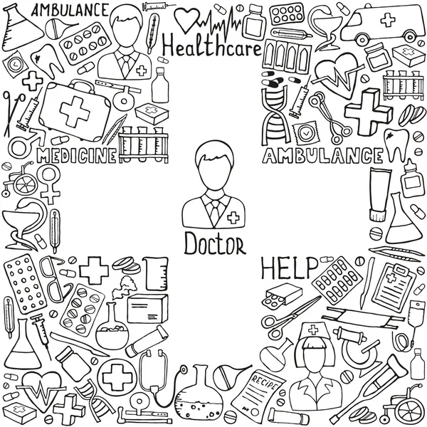 Zdravotnictví a medicína sada ikon. Doodle vektorové ilustrace. — Stockový vektor