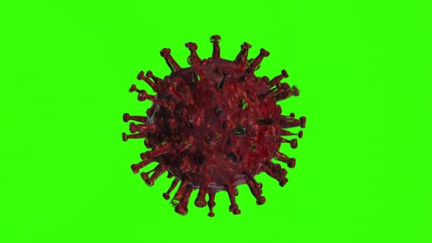 Zielony Covid Molekuła Koronawirusa Kolcami Czerwonego Białka Model Zielonym Ekranie — Wideo stockowe