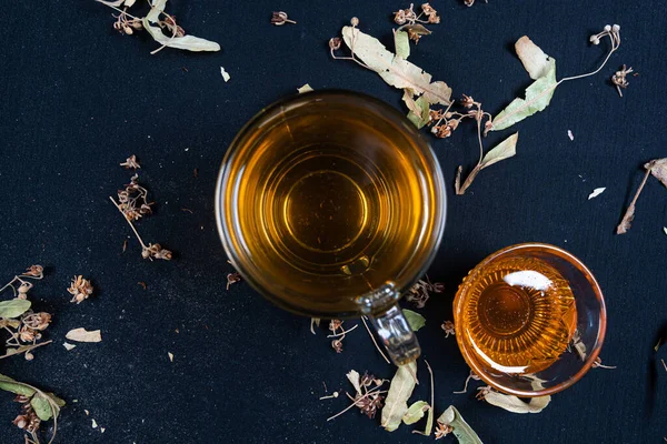 Honey Herbal Tea Black Background Dry Leaves — Stock Photo, Image