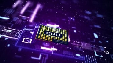 Teknoloji arka plan işlemci devresi. Yapay Zeka İşleme Gücü. Veri Aktarım Fütüristik Endüstrisinde Dört Sanal Bilgisayar Animasyonu. Yakın çekim.
