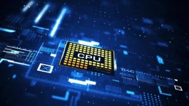 Teknoloji arka plan işlemci devresi. Yapay Zeka İşleme Gücü. Veri Aktarım Fütüristik Endüstrisinde Dört Sanal Bilgisayar Animasyonu. Yakın çekim.