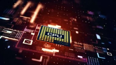 Teknoloji arka plan işlemci devresi. Yapay Zeka İşleme Gücü. Veri Aktarım Fütüristik Endüstrisinde Dört Sanal Bilgisayar Animasyonu. Yakın çekim.