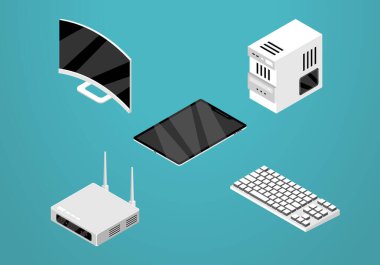 Elektronik için izometrik ikon dizaynı. Monitör eğrisi, Bilgisayar, Yönlendirici, Tablet, Klavye