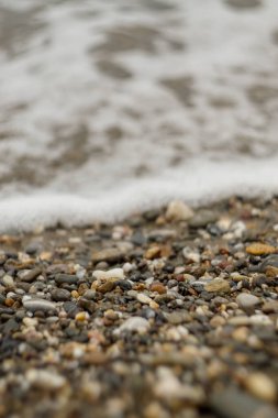 Çakıl taşlı sahil kıyısı. Yakından bak.