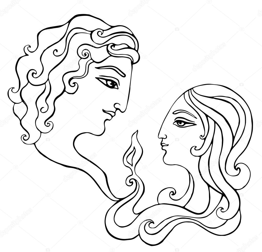 Bella femmina e maschio romantico sagoma di una testa con il fuoco nel mezzo Agenzie matrimoniali decorazione di evento matrimoni e negozi da sposa