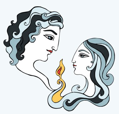 Sevgi dolu bir çift birbirine kontur, renkli el sanat üzerinde mavi arka plan çizimi silüeti tasarlamak vektör