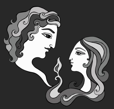 Sevgi dolu bir çift birbirine kontur, renkli el sanat koyu gri arka plan üzerinde çizim silueti tasarlamak vektör