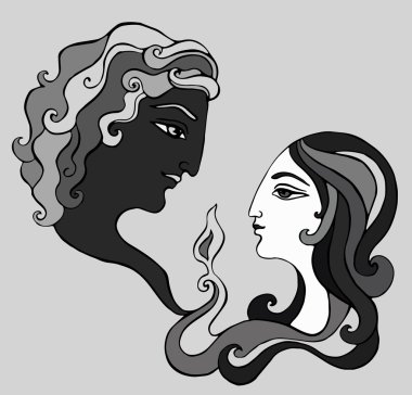 Sevgi dolu bir çift birbirine kontur, renkli el sanat gri arka plan üzerinde çizim silueti tasarlamak vektör