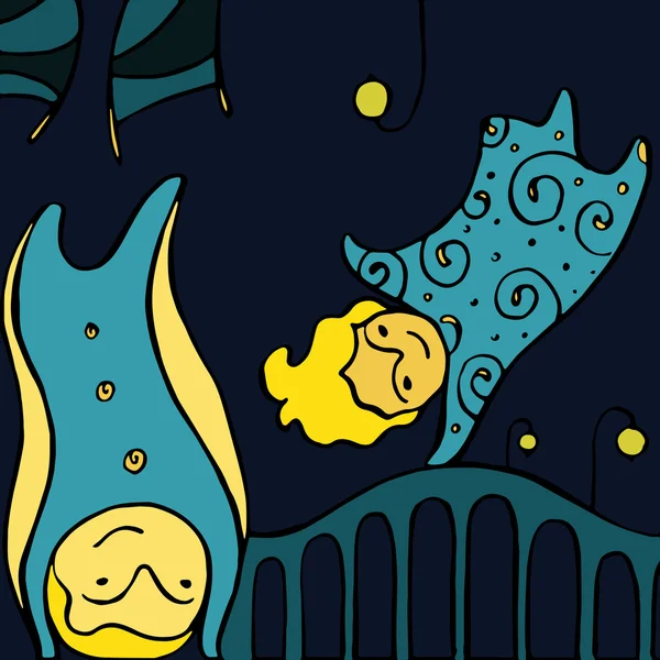 Kreskówka tapeta z latające wróżki. Ręcznie rysowane dziewczęcej chłopięcy tekstura: dzieci pływające w nocy w snach — Wektor stockowy