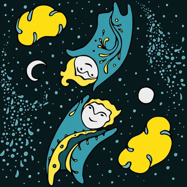 Cartoon vektor tapeter med älvor flyger. Hand dras girly pojkaktiga textur: moln, stjärnor, solen, månen, flickor eller pojkar och sky. — Stock vektor