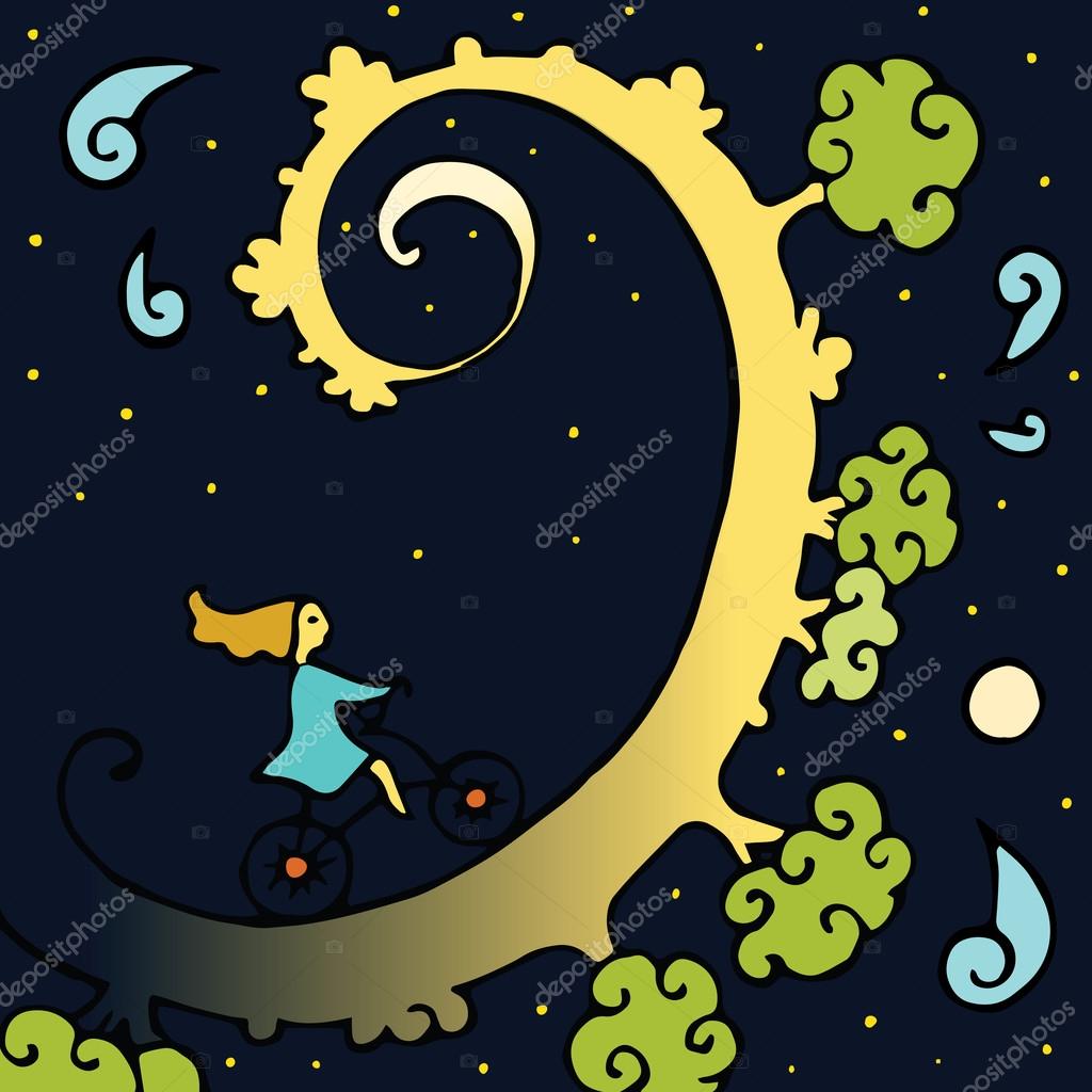 Ragazza cavalca in bicicletta sulla luna nel cielo notturno attraverso i suoi sogni di fata per