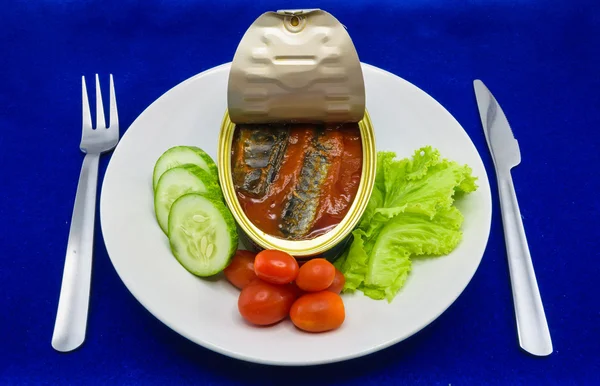 Konserverade sardiner fisk i tomatsås serveras på fat med sallad — Stockfoto