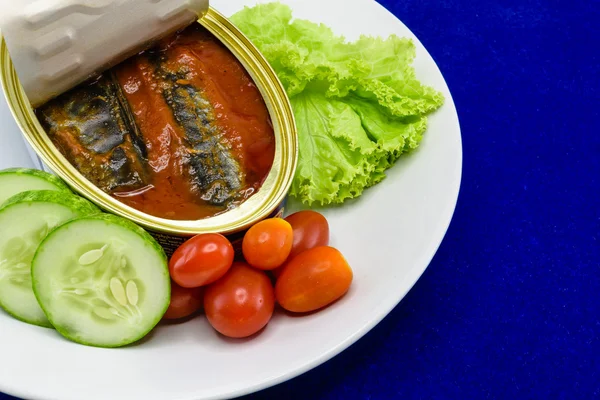 Konserve sardalya balığı, domates soslu salata ile yemek servis 