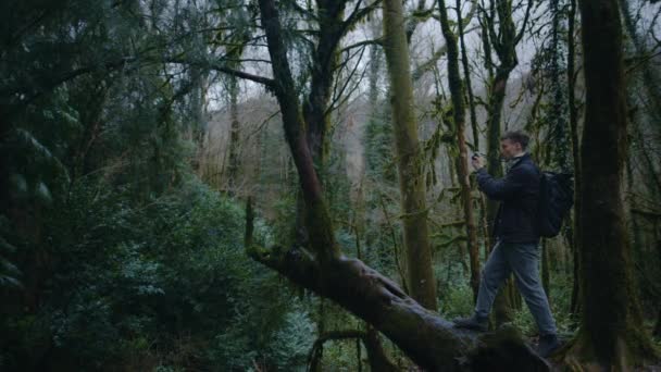 Ευρύ πλάνο του άντρα λήψη φωτογραφιών στο δάσος, σύγχρονο φωτογράφο στο δάσος — Αρχείο Βίντεο