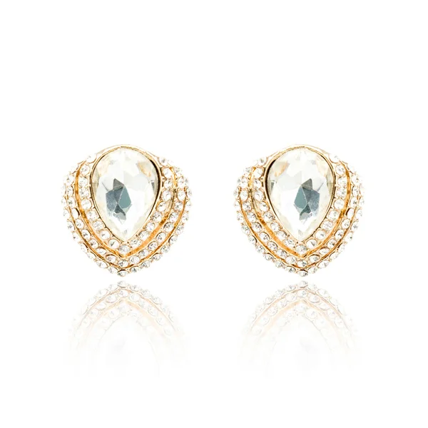 Pair of golden diamond earrings isolated on white — Stock Photo, Image