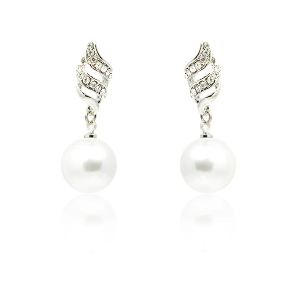 Pair of diamond and natural pearls earrings isolated on white — Stock Photo, Image