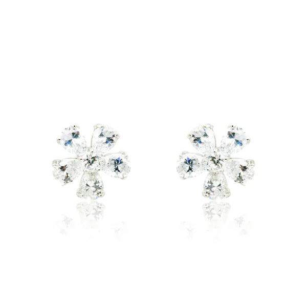 Pair of silver diamond earrings isolated on white — Stock Photo, Image