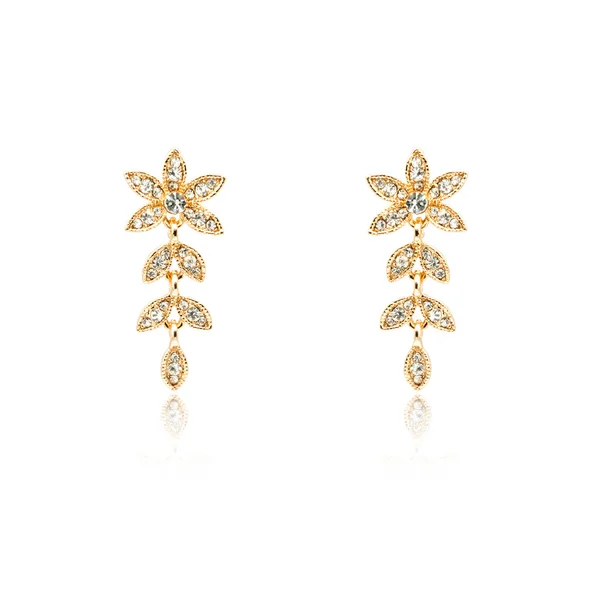 Pair of golden diamond earrings isolated on white — Stock Photo, Image