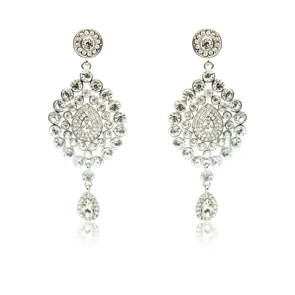 Pair of silver diamond earrings isolated on white — Stock Photo, Image