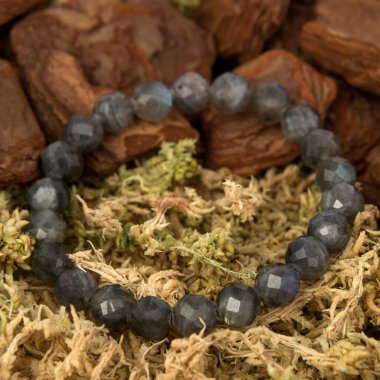 Süslü ahşap, yosun arkaplan üzerine izole taş bilezik