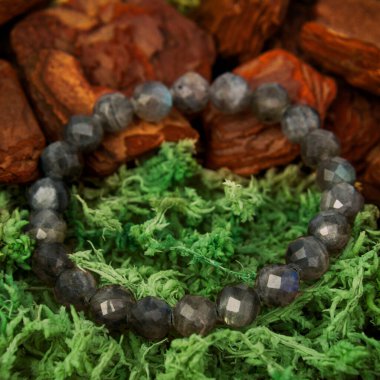 Süslü ahşap, yosun arkaplan üzerine izole taş bilezik