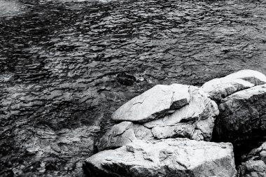 Kayalık sahil şeridi. Deniz kaya. Siyah ve beyaz