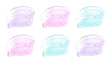 Beyaz arkaplandaki yüz için sıvı nem özü serumunun çok renkli lekelerini ayır. Mavi, pembe, mor. Hidrasyon için Hyaluronik asit. Makyaj için kozmetik ürün. Döngü videosu. Cilt bakımı