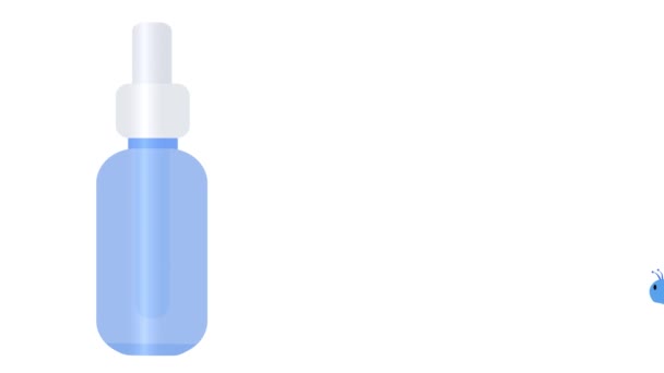 Slak kruipt op essentie hydraterend serum in glazen fles op witte achtergrond geïsoleerd. Animatie. Cosmetische producten. — Stockvideo