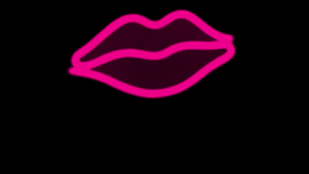 Lábios vermelhos e rosa brilhantes voam sobre fundo preto isolado. Animação de beijo. Lábios femininos bonitos brilham com luz de néon — Vídeo de Stock