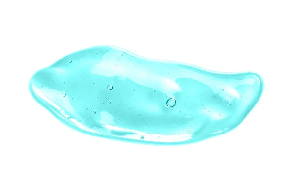 Lindo esfregaço azul turquesa de ácido hialurônico no fundo branco. Gel antibacteriano. O soro da cara está borrado.. — Fotografia de Stock
