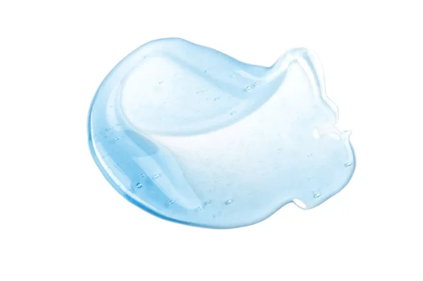 Lindo esfregaço azul transparente de ácido hialurônico no fundo branco. Gel antibacteriano. O soro da cara está borrado.. — Fotografia de Stock