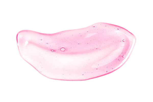 Красивый розовый прозрачный мазок гиалуроновой кислоты. Антибактериальный гель. Сыворотка на лице размазана. Продукт для ухода за кожей