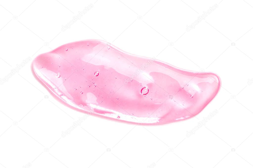 Pink transparent smear of hyaluronic acid on white background isolated. Antibacterial gel. Face serum is smudged. 