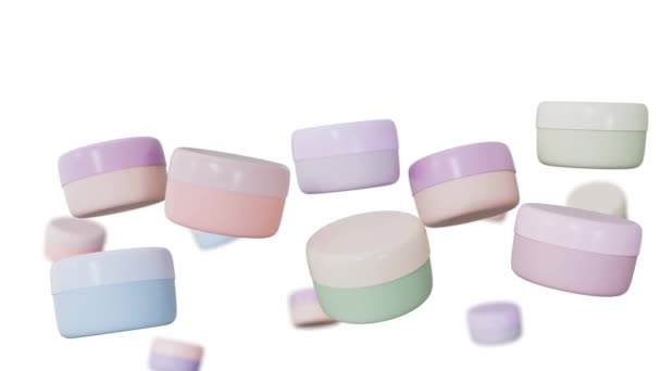 Des pots colorés de crème se lèvent et tombent sur fond blanc. Isolé. Produits cosmétiques pour maquillage et soins de la peau. Animation 3D. Bannière Web. Espace de copie. — Video