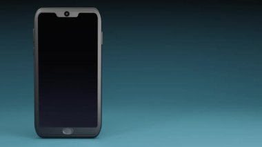 Mavi arka planda siyah hediye kutusu olan akıllı telefon. Şablon. Sürpriz, şenlikli, nakit para çekme konsepti. Boşluğu kopyala