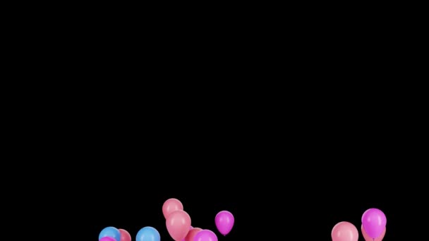 Bunte rosa, blaue und lila Luftballons fliegen auf schwarzem Hintergrund in die Höhe. Festliches Konzert. 3D-Animation — Stockvideo