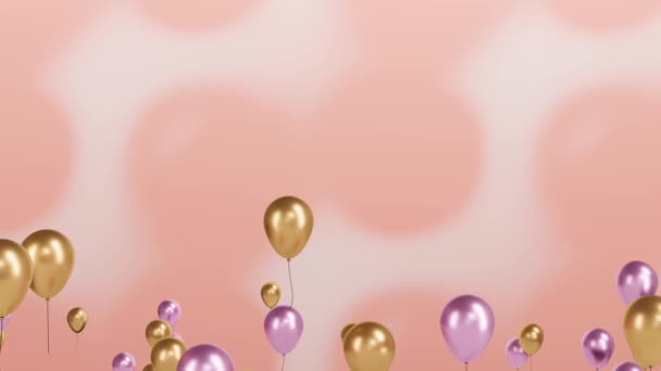 Colorful pink and golden balloons fly up on pastel beige background. Festive concert. 3D animation — Stock Video