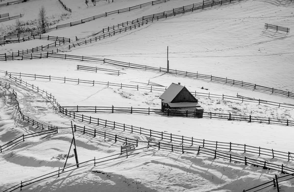 Село вкрите свіжим снігом. Монохромний — стокове фото