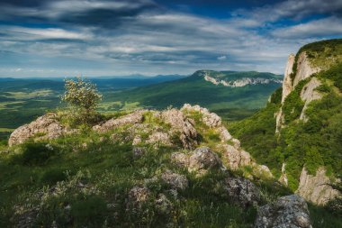 Dağ sırtından Kırım Vadisi 'ne bak. Ukrayna 'nın vahşi doğası.