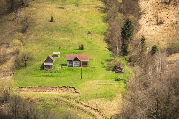 緑の丘の上にアルパイン山の村 美しい牧歌的な風景 カルパチア人 ウクライナ ヨーロッパ — ストック写真