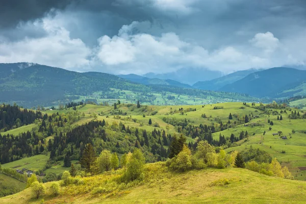 Karpacki Wiosenny Krajobraz Odległą Pochmurną Górą Drzewami Wzgórzu Dzika Przyroda — Zdjęcie stockowe