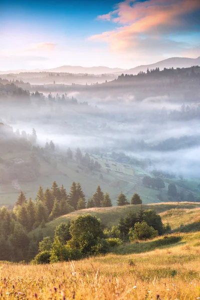 Mavi Sabah Sisi Ile Kaplı Yuvarlanan Alp Tepeleri Güzel Huzurlu — Stok fotoğraf